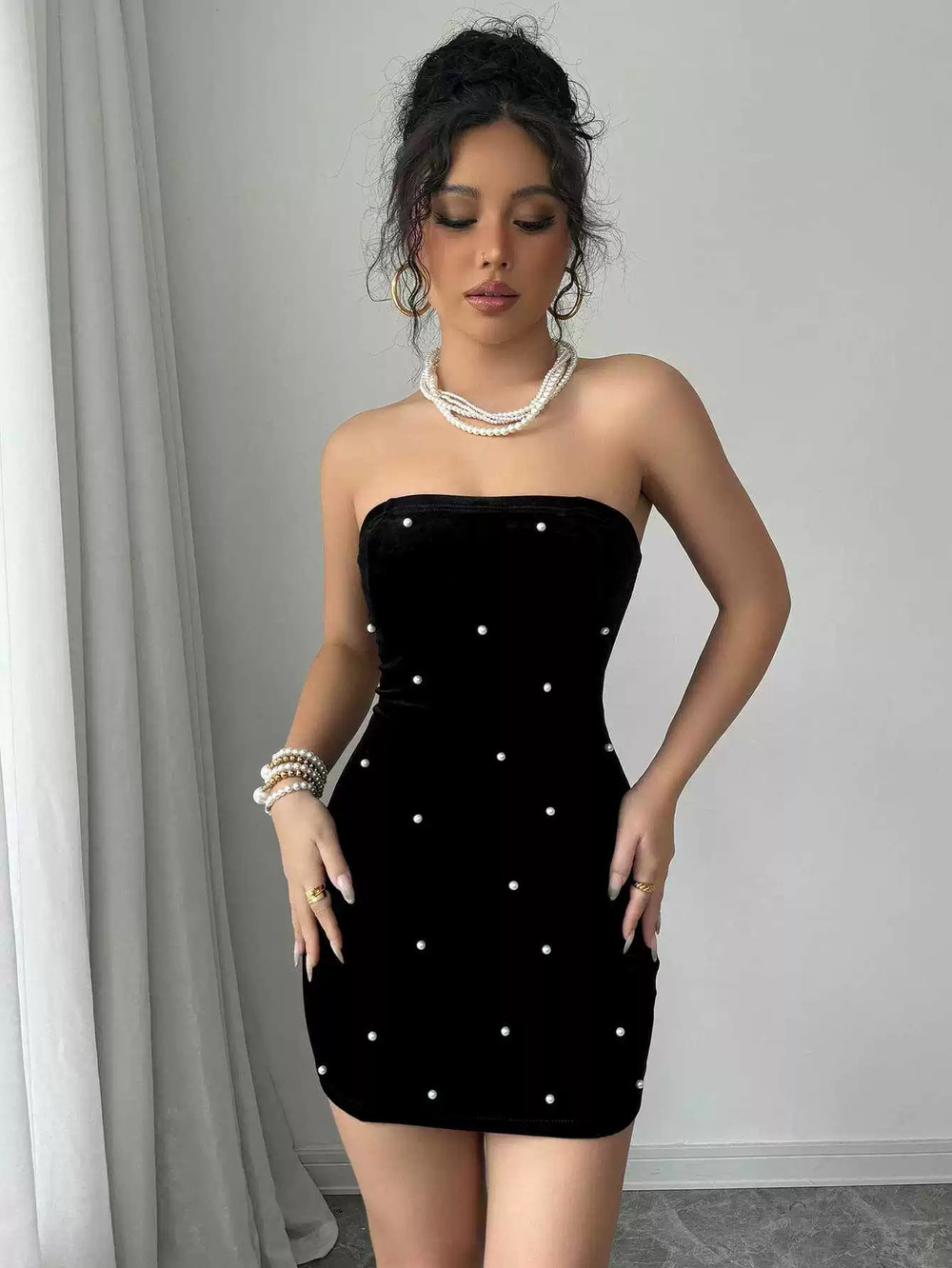 ZARA Factory Direct Light Luxury High End Pearl Velvet Party Dress Gown